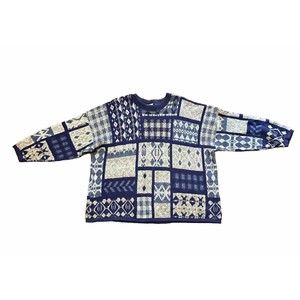 Vtg Y2K Arielle Women Sweater XXL Granny Knit Quilt Square Crewneck Blue READ